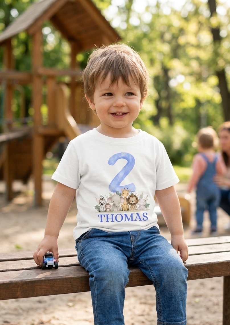 Personalised Boys 1st, 2nd, 3rd Safari Birthday T-Shirt, Custom Name Toddler Birthday Outfit
