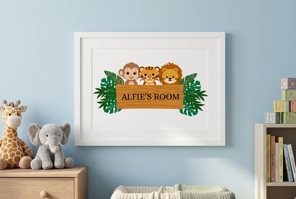Personalised Boys Safari Name Print, Custom Aluminum Bedroom Name Wallart