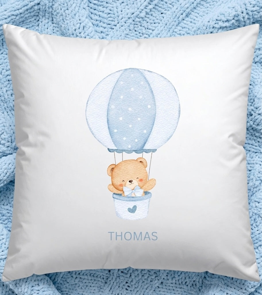 Personalised Girls Boys Name Hot Air balloon Bear Cushion, Nursery Decor pink girls Blue Boys