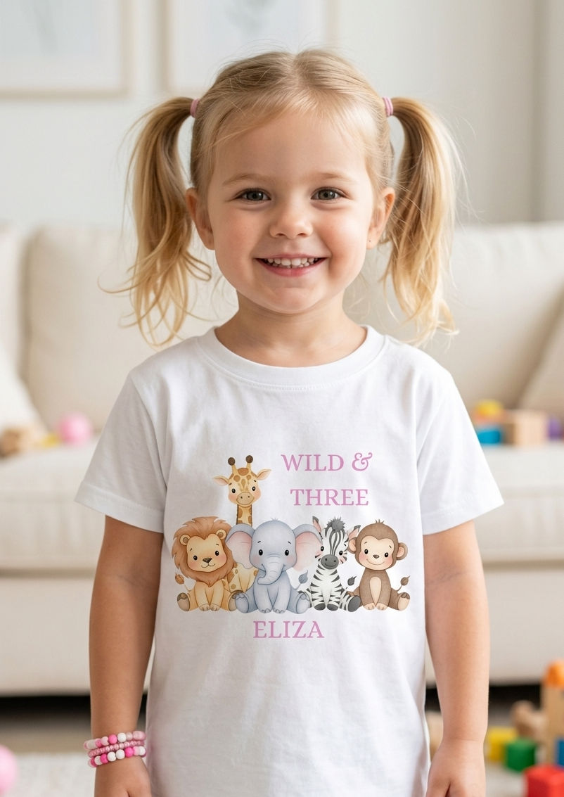 Personalised Girls Safari Birthday T-shirt, First, Second, Birthday Outfit