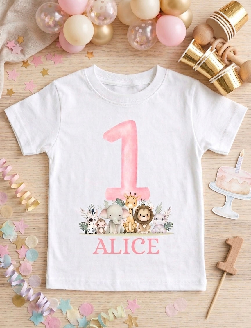 Girls Personalised Safari Birthday T-Shirt, 1st, 2nd and 3rd Name Toddler Birthday outfit