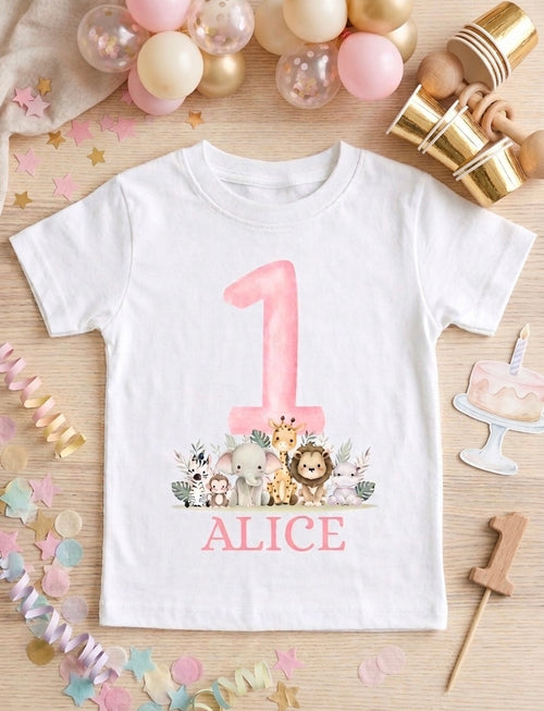 Girls Personalised Safari Birthday T-Shirt, 1st, 2nd and 3rd Name Toddler Birthday outfit