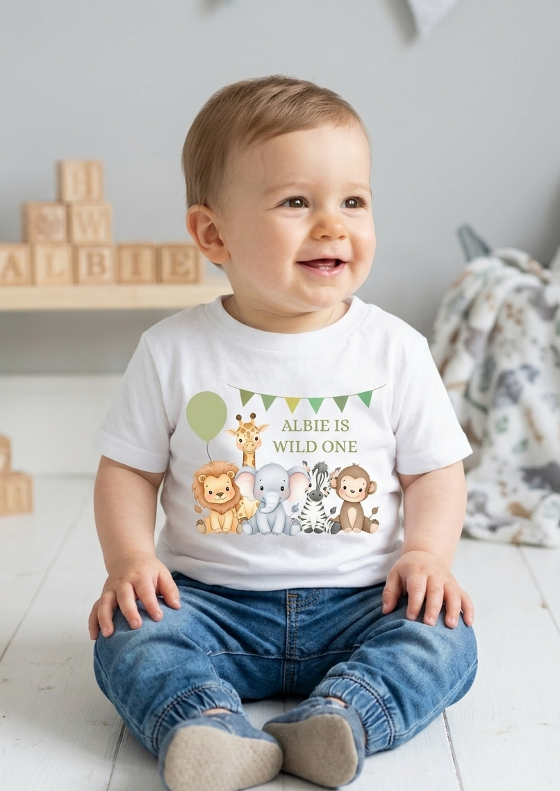 Personalised boys Safari Animal Birthday T-Shirt, Custom Party Outfit, One Two Three