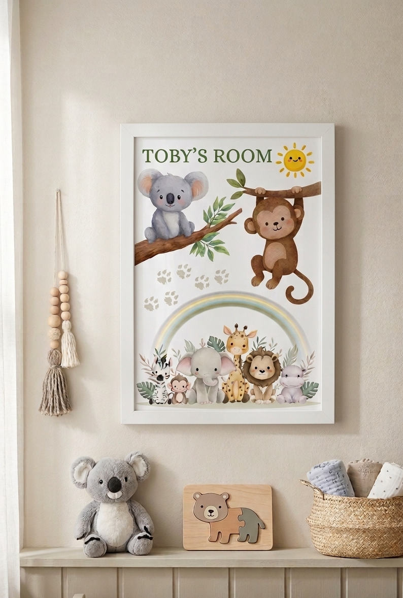 Personalised Boys Name Bedroom Print, Safari animal Custom Name Wall Art