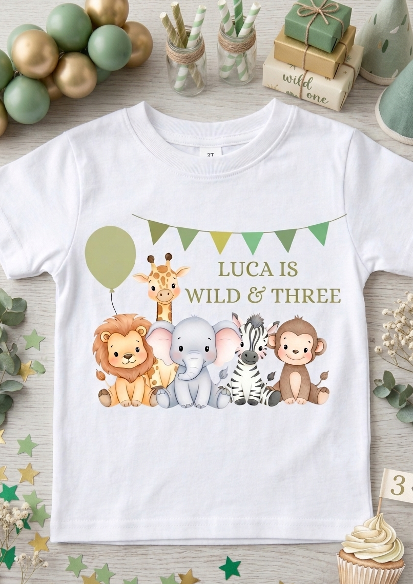 Personalised boys Safari Animal Birthday T-Shirt, Custom Party Outfit, One Two Three