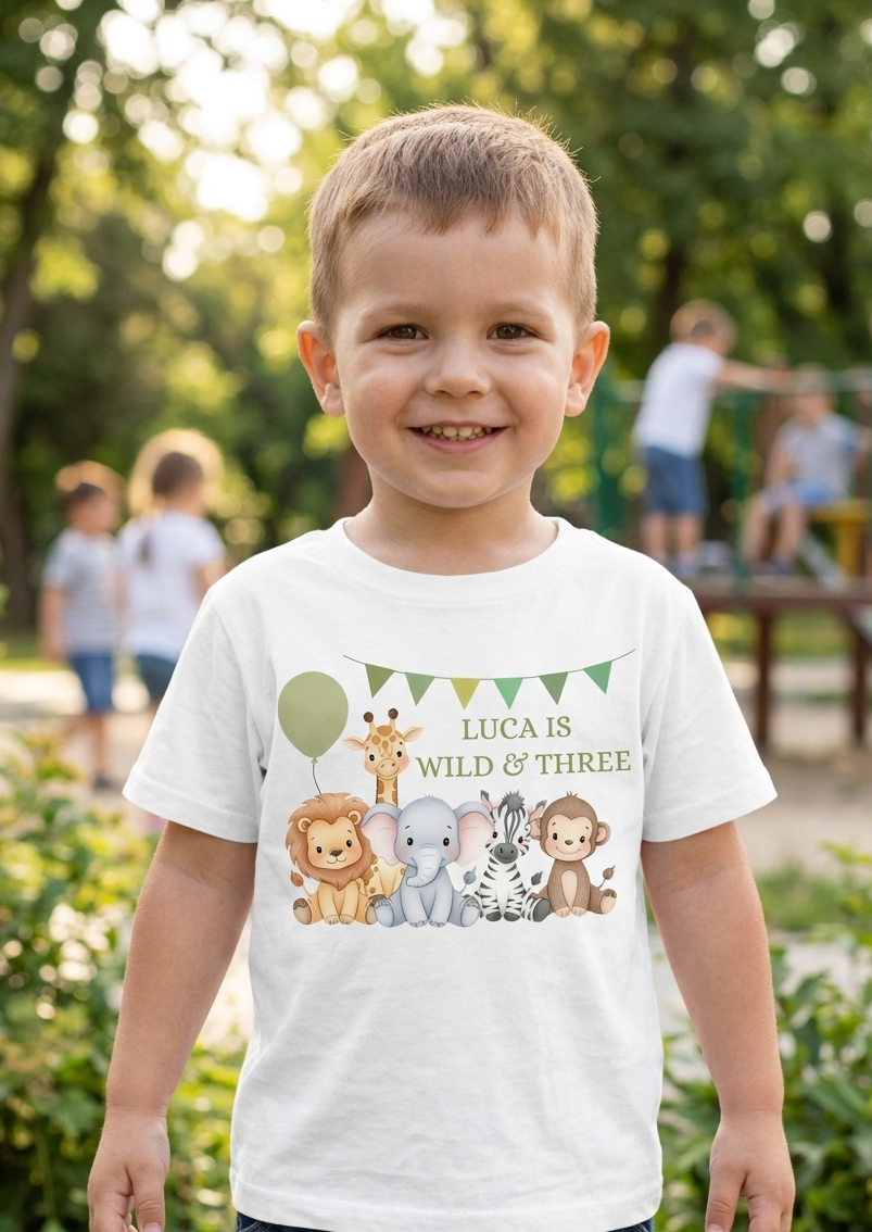 Personalised boys Safari Animal Birthday T-Shirt, Custom Party Outfit, One Two Three