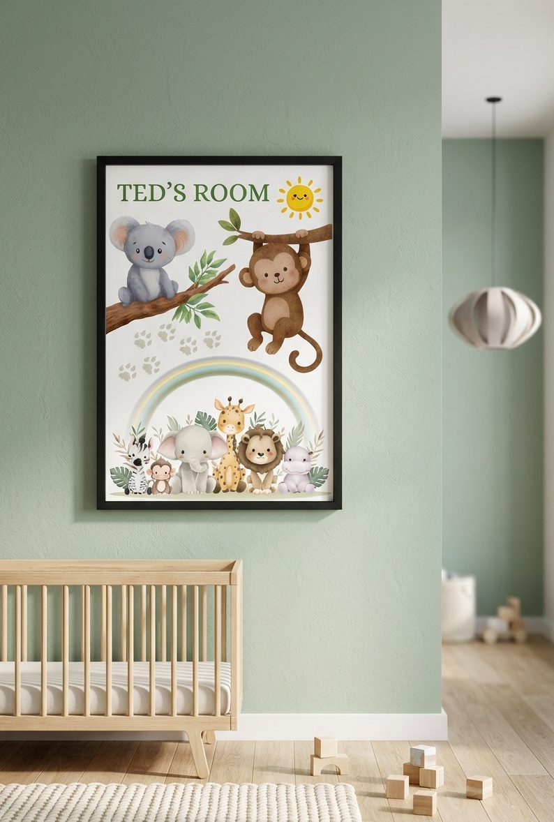 Personalised Boys Name Bedroom Print, Safari animal Custom Name Wall Art