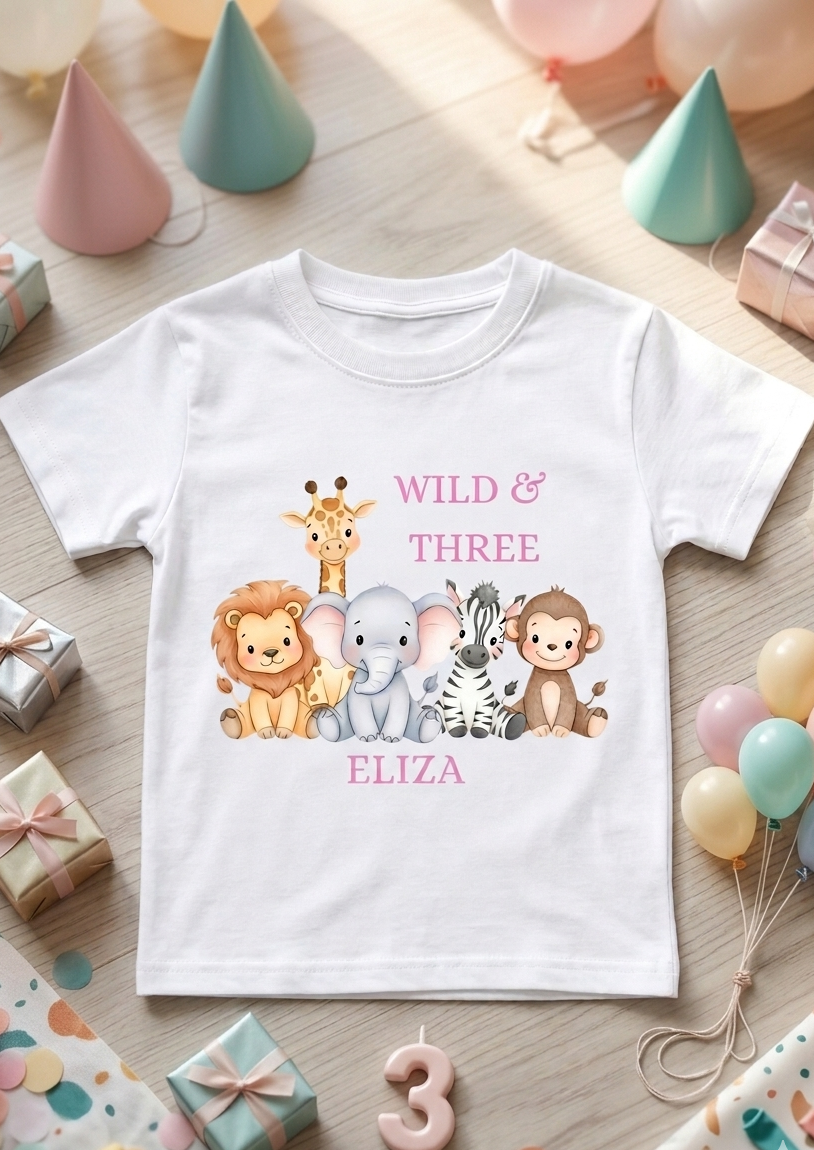 Personalised Girls Safari Birthday T-shirt, First, Second, Birthday Outfit