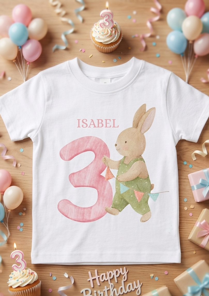 Personalised Bunny Birthday T-Shirt, Girls 1st 2nd 3rd Birthday Party Outfit