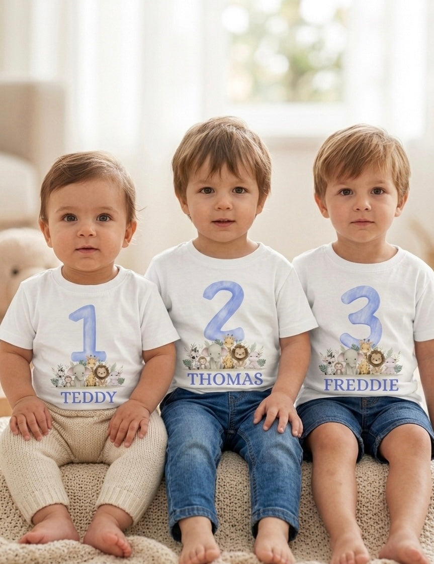 Personalised Boys 1st, 2nd, 3rd Safari Birthday T-Shirt, Custom Name Toddler Birthday Outfit