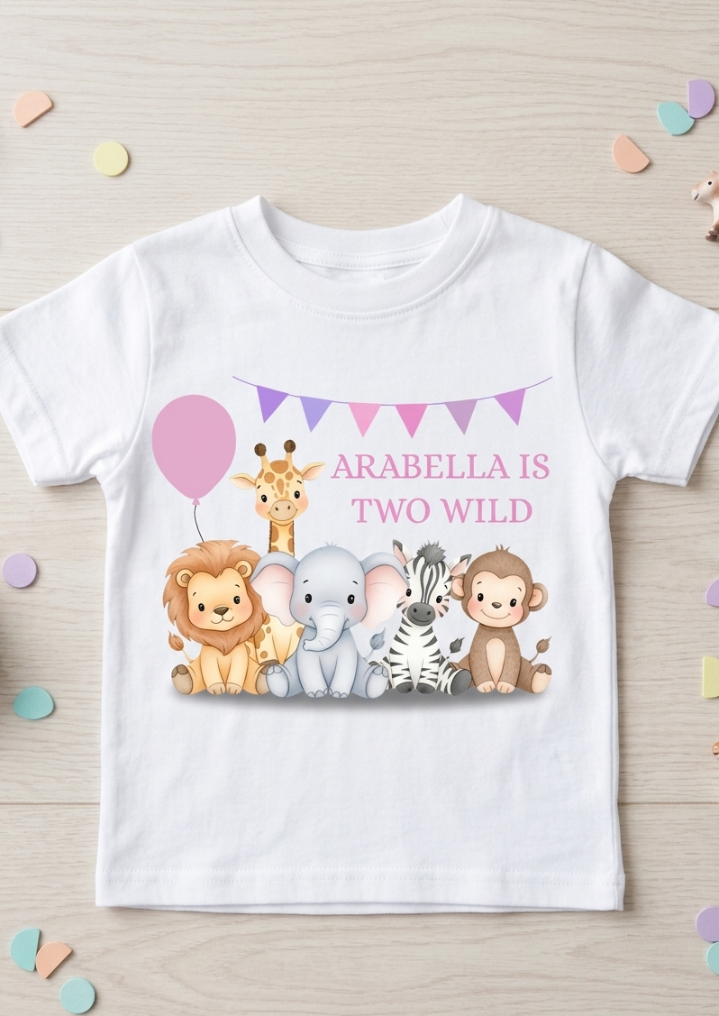 Personalised Girls Safari Animal Birthday T-Shirt, Custom Party Outfit, One Two Three