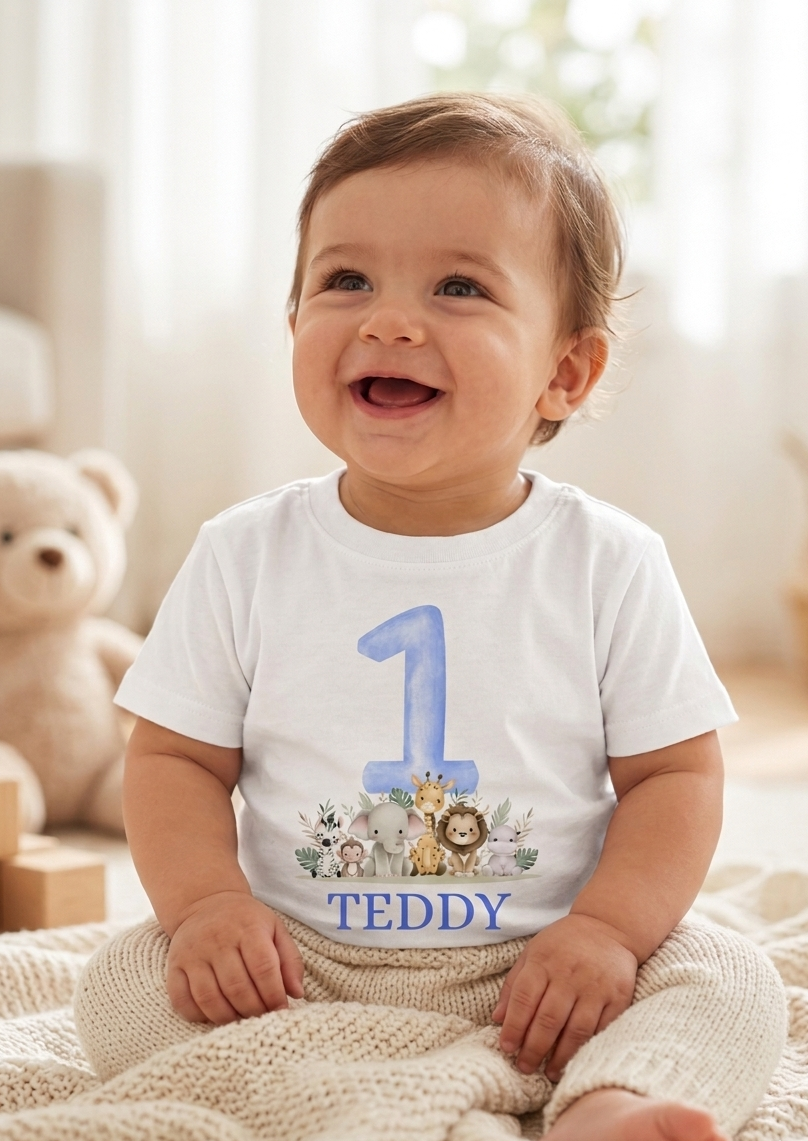 Personalised Boys 1st, 2nd, 3rd Safari Birthday T-Shirt, Custom Name Toddler Birthday Outfit