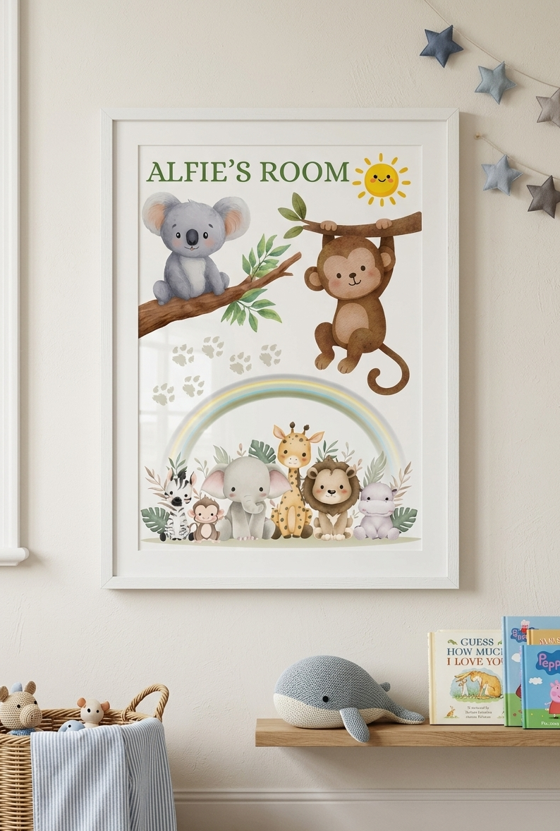 Personalised Boys Name Bedroom Print, Safari animal Custom Name Wall Art