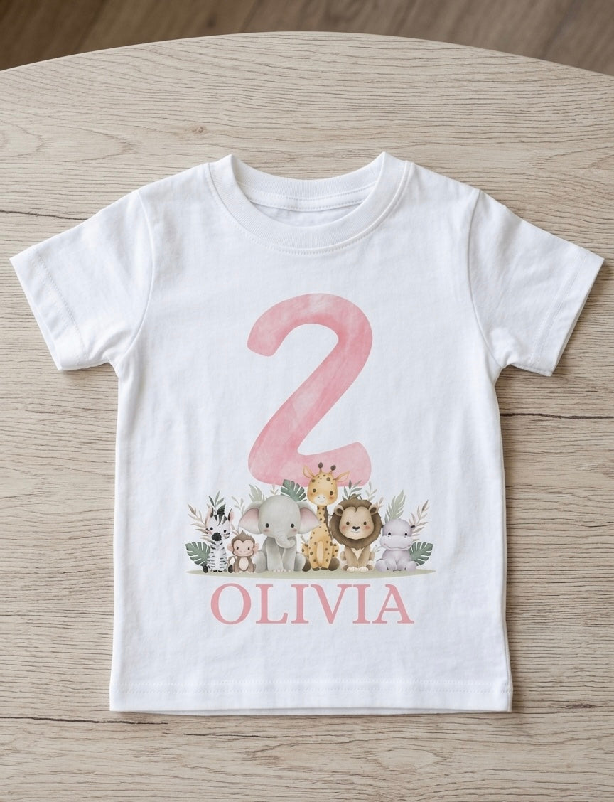 Girls Personalised Safari Birthday T-Shirt, 1st, 2nd and 3rd Name Toddler Birthday outfit