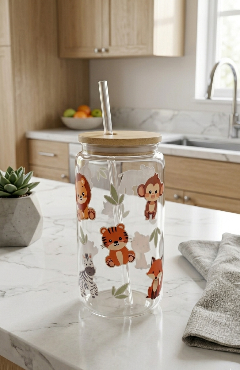 Animal Theme Kids Cup, Bamboo Lid & Straw, 16 oz
