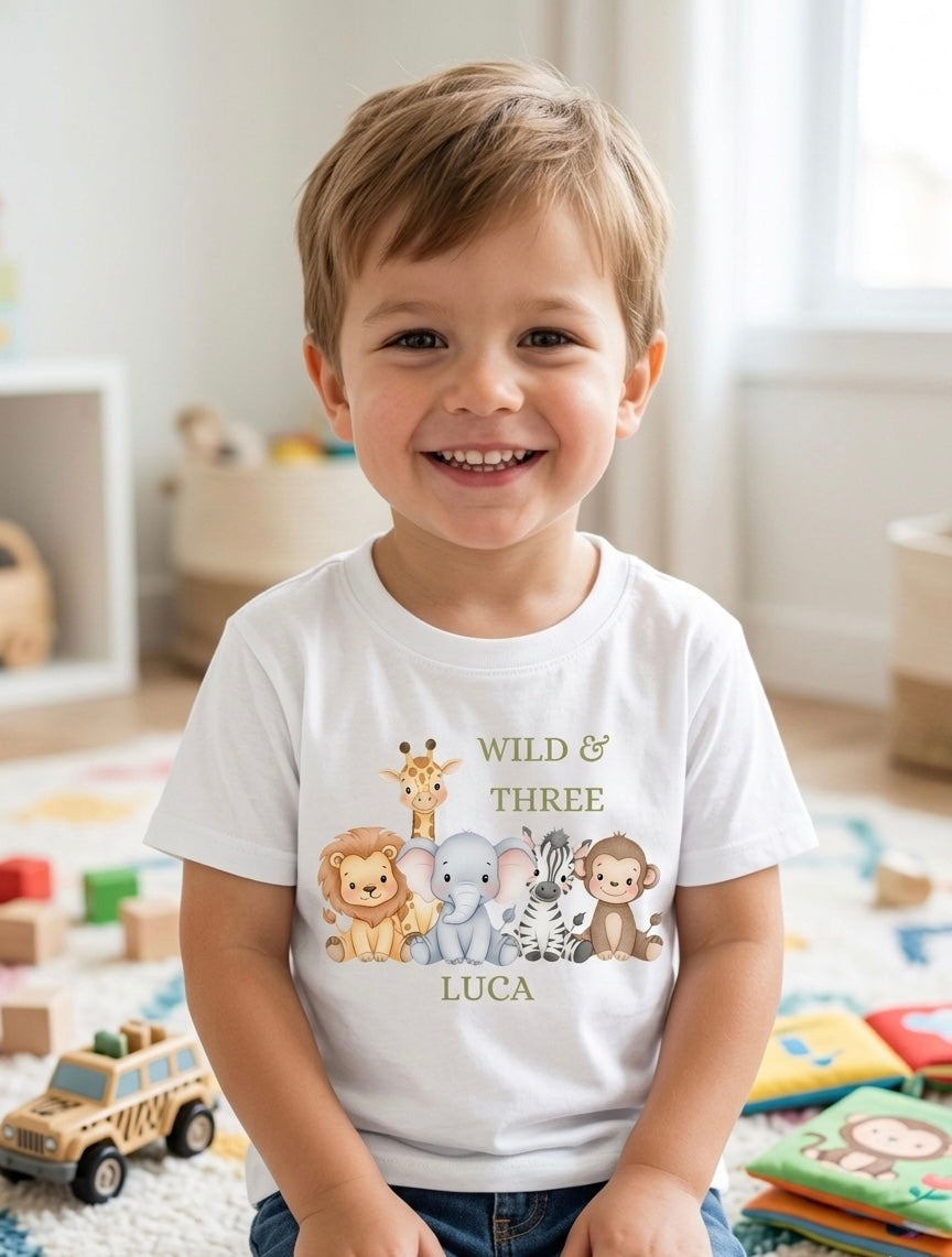 Personalised boys Safari Animal Birthday T-Shirt, Custom Birthday Party Outfit, One Two Three