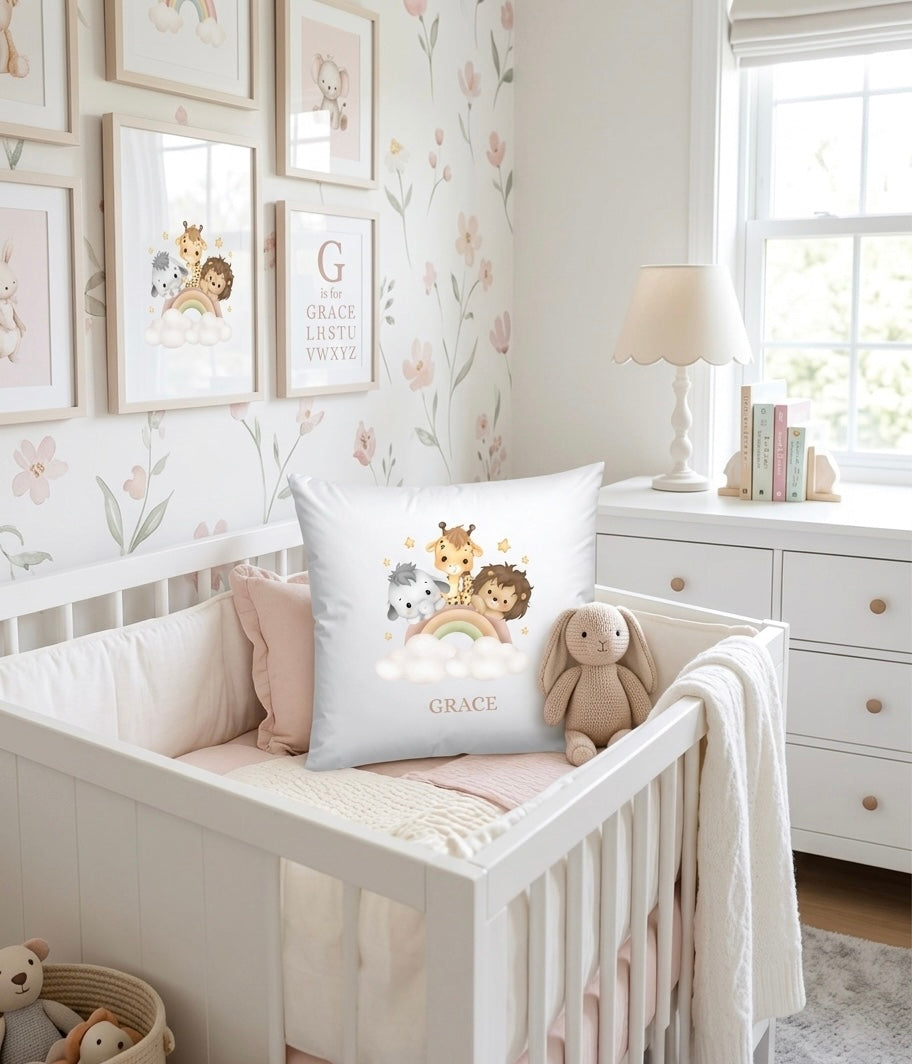 Personalised Name Safari Cushion, Nursery Bedroom Decor, Girls cushion