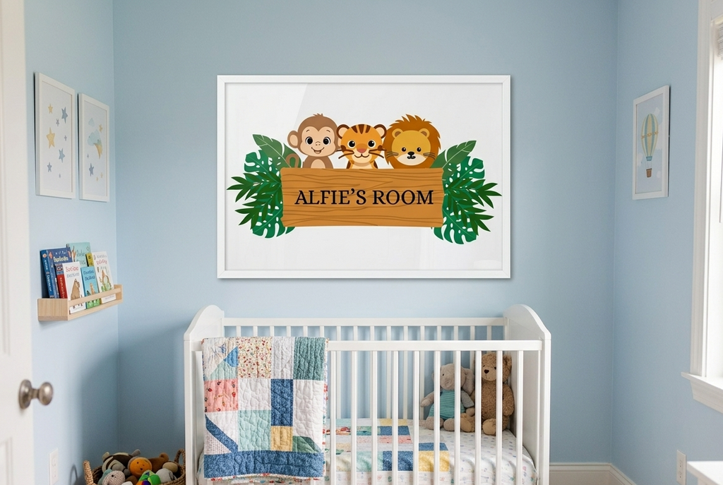 Personalised Boys Safari Name Print, Custom Aluminum Bedroom Name Wallart