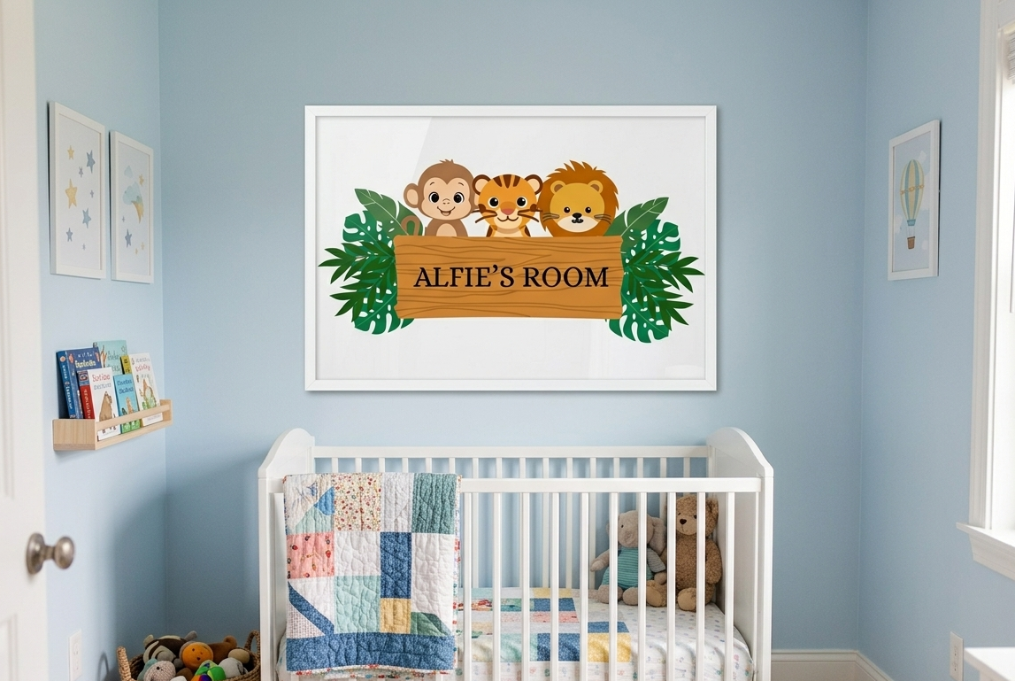 Personalised Boys Safari Name Print, Custom Aluminum Bedroom Name Wallart