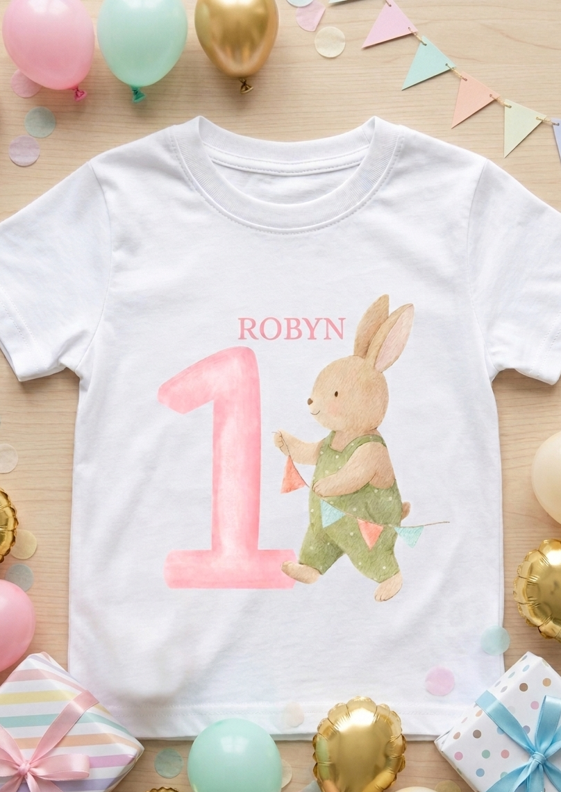 Personalised Bunny Birthday T-Shirt, Girls 1st 2nd 3rd Birthday Party Outfit