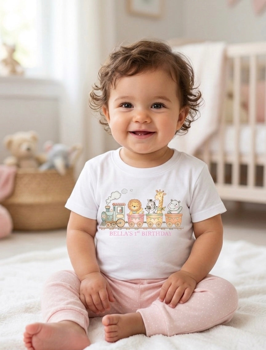 Personalised girls train birthday T-shirt, 1st, 2nd, 3rd birthday party outfit
