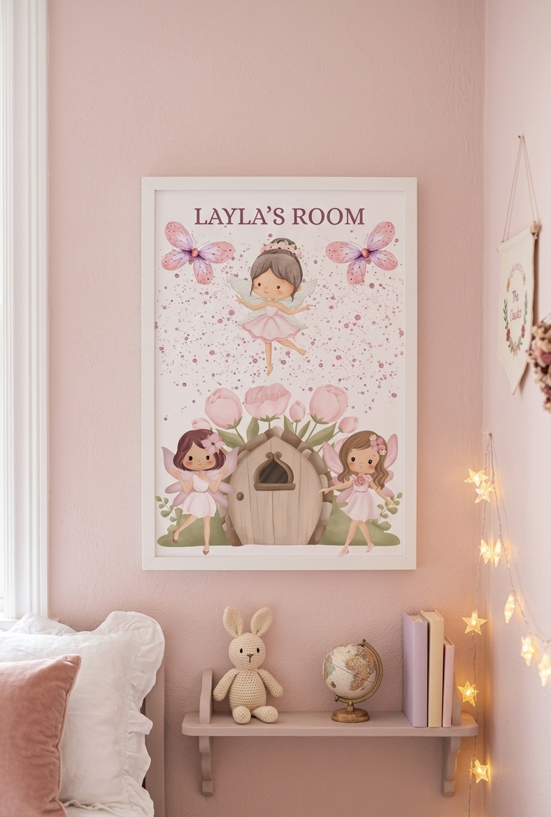 Personalised Girls Name Bedroom Print, Fairy Custom Name Wall Art