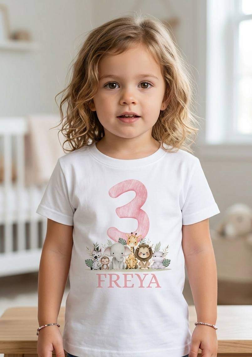 Girls Personalised Safari Birthday T-Shirt, 1st, 2nd and 3rd Name Toddler Birthday outfit