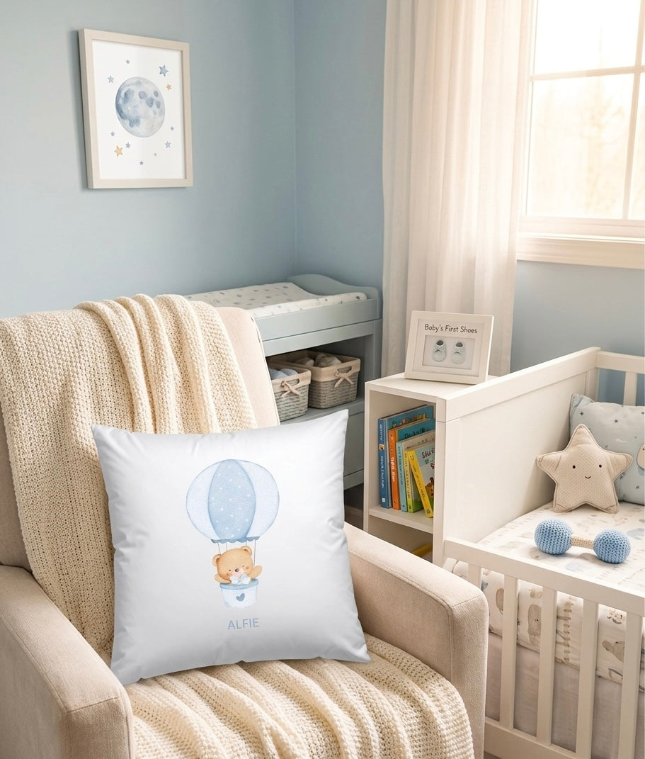 Personalised Girls Boys Name Hot Air balloon Bear Cushion, Nursery Decor pink girls Blue Boys
