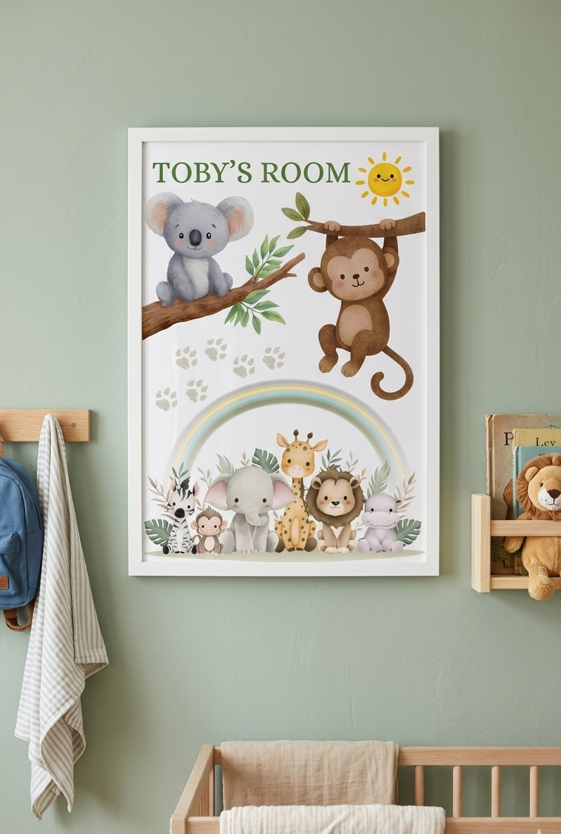 Personalised Boys Name Bedroom Print, Safari animal Custom Name Wall Art