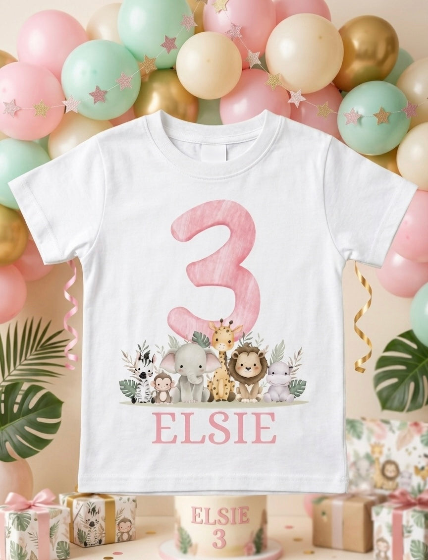 Girls Personalised Safari Birthday T-Shirt, 1st, 2nd and 3rd Name Toddler Birthday outfit
