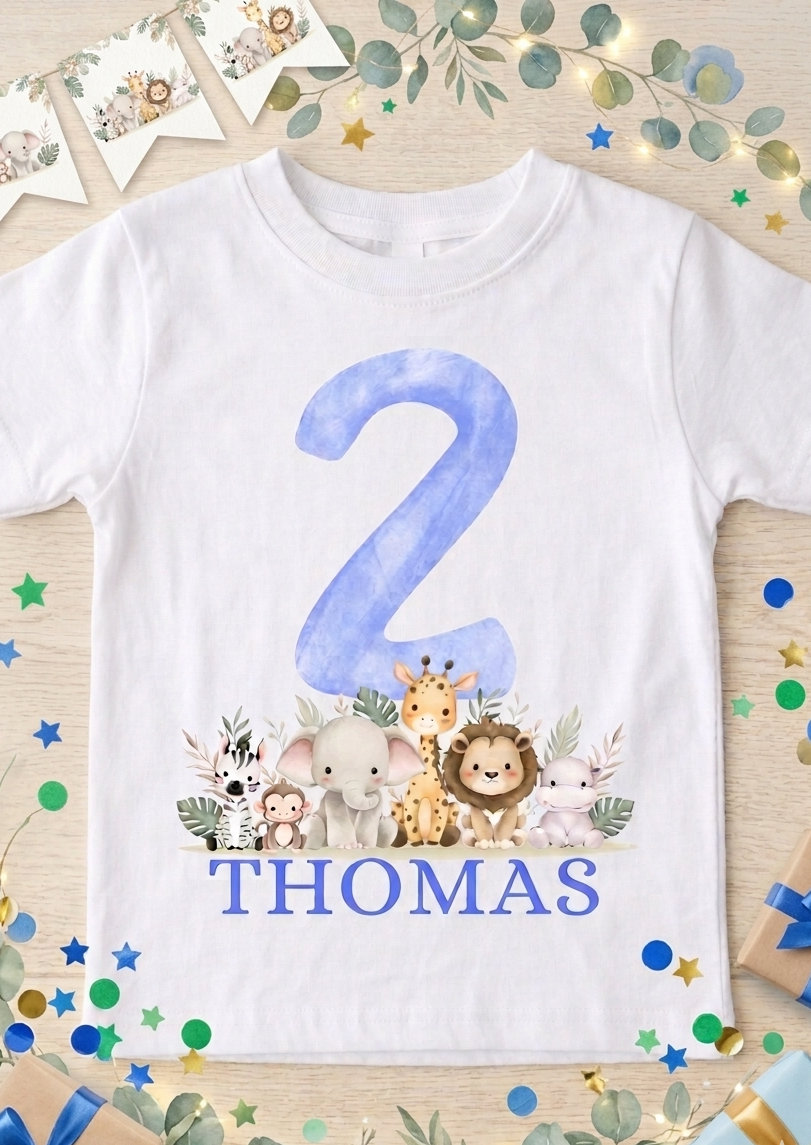 Personalised Boys 1st, 2nd, 3rd Safari Birthday T-Shirt, Custom Name Toddler Birthday Outfit