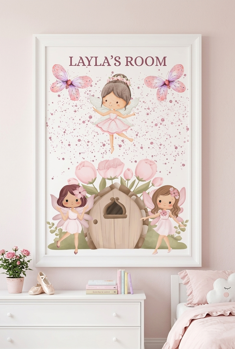 Personalised Girls Name Bedroom Print, Fairy Custom Name Wall Art