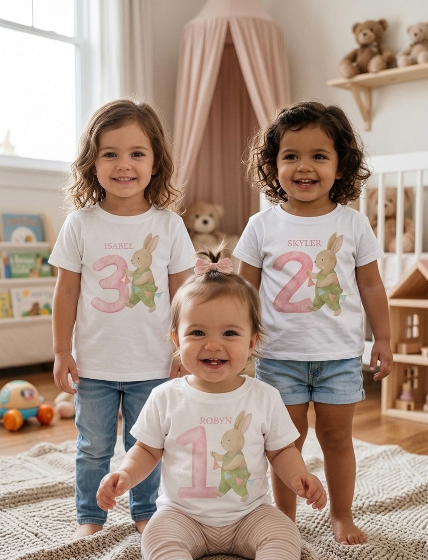 Personalised Bunny Birthday T-Shirt, Girls 1st 2nd 3rd Birthday Party Outfit
