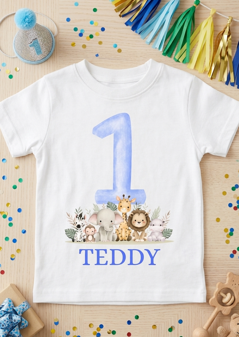 Personalised Boys 1st, 2nd, 3rd Safari Birthday T-Shirt, Custom Name Toddler Birthday Outfit