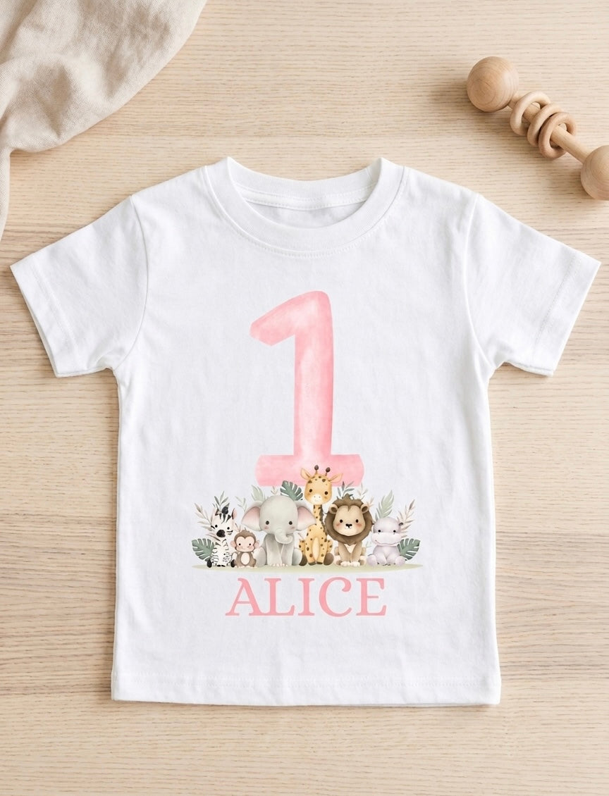Girls Personalised Safari Birthday T-Shirt, 1st, 2nd and 3rd Name Toddler Birthday outfit