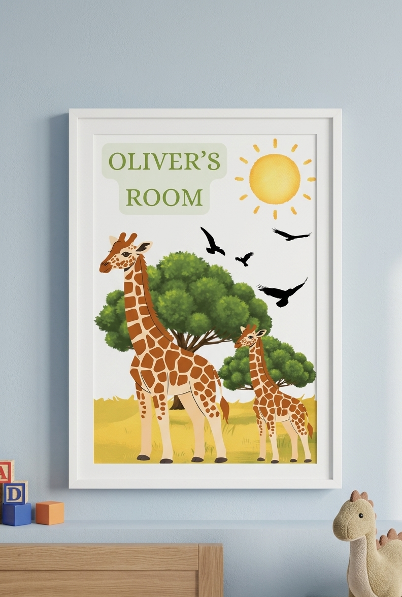 Personalised Boys Giraffe Name Print, Custom Aluminum Bedroom Name Wallart