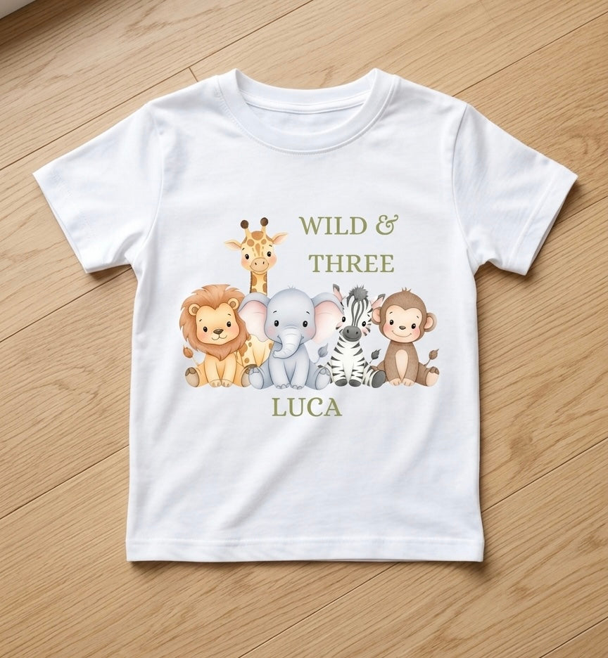 Personalised boys Safari Animal Birthday T-Shirt, Custom Birthday Party Outfit, One Two Three