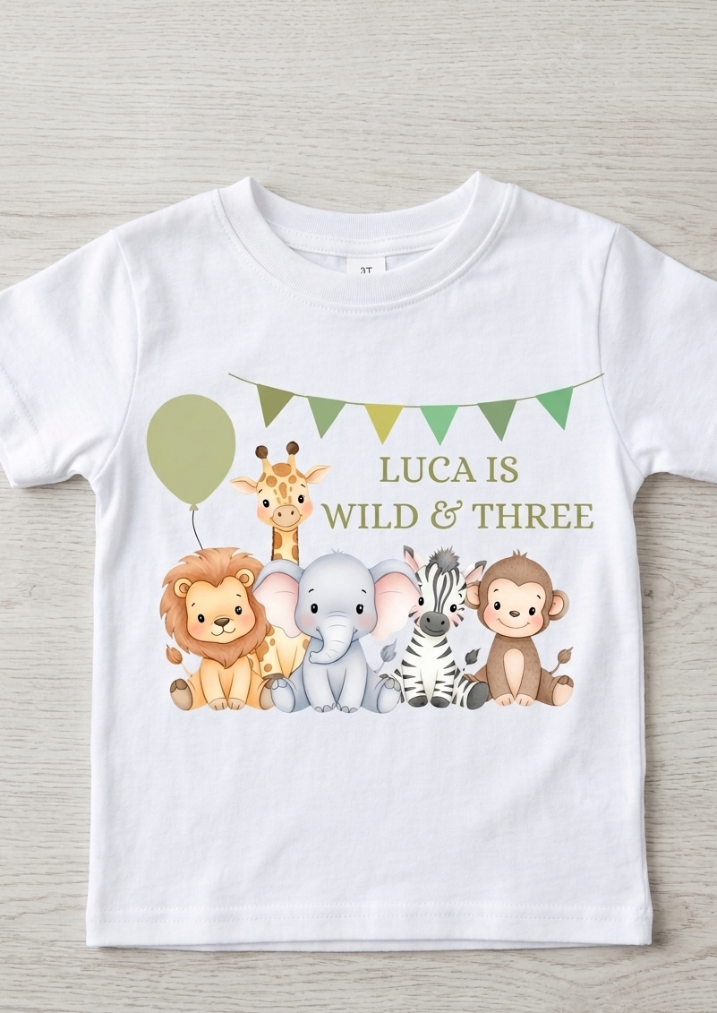 Personalised boys Safari Animal Birthday T-Shirt, Custom Party Outfit, One Two Three