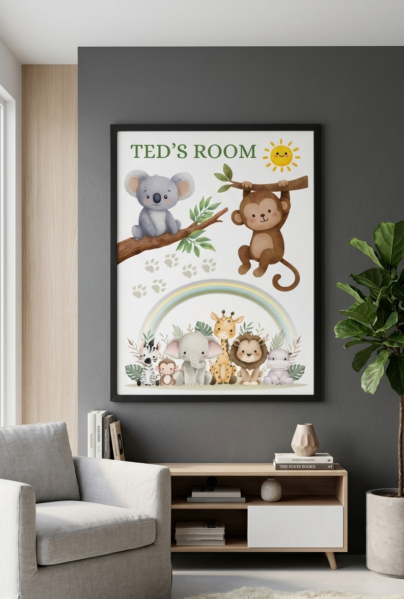 Personalised Boys Name Bedroom Print, Safari animal Custom Name Wall Art