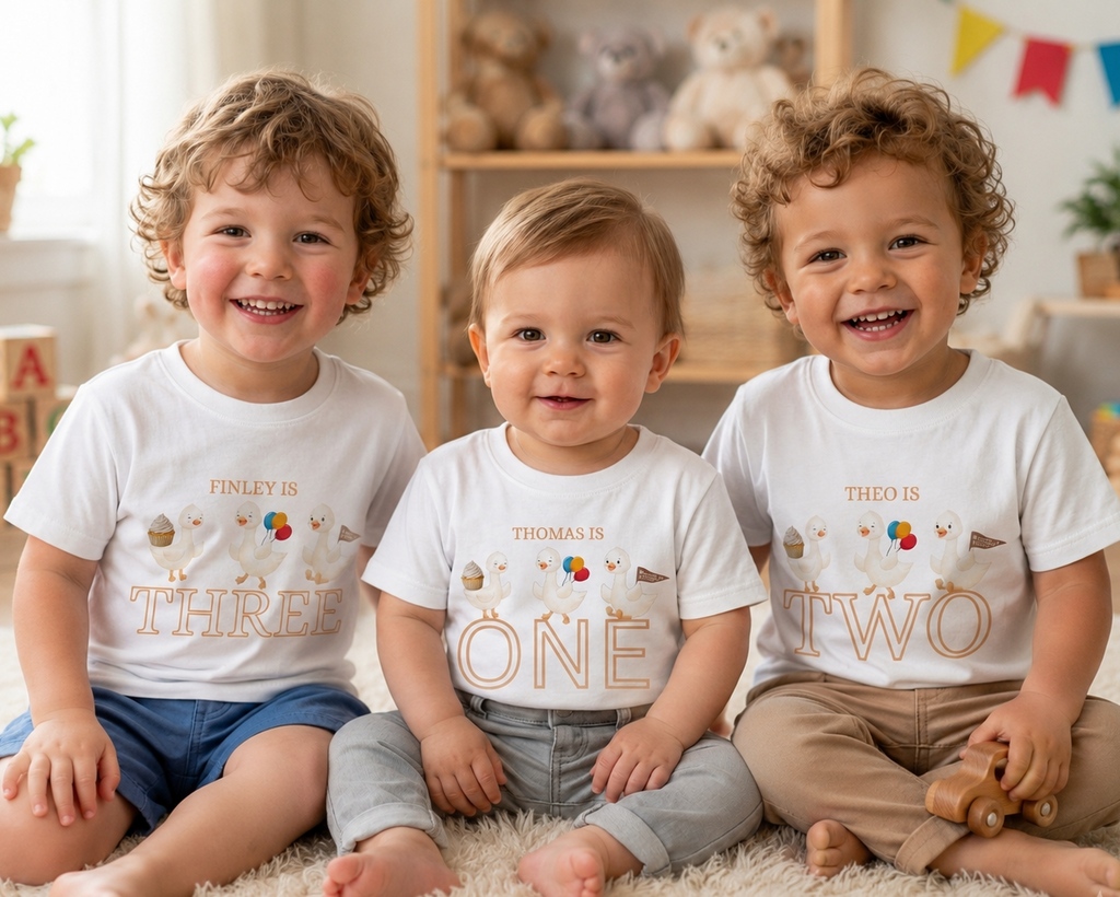Personalised boys duck birthday T-shirt, First, Second, Third birthday Party Outfit