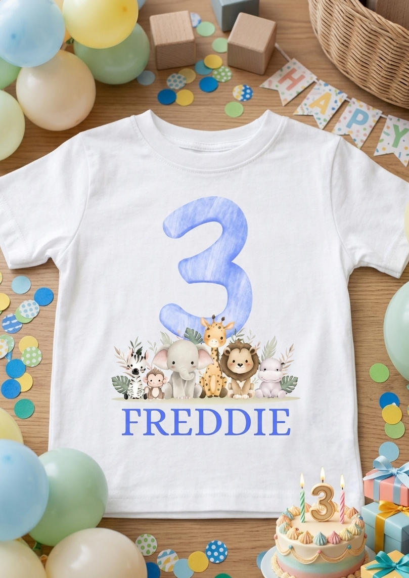Personalised Boys 1st, 2nd, 3rd Safari Birthday T-Shirt, Custom Name Toddler Birthday Outfit