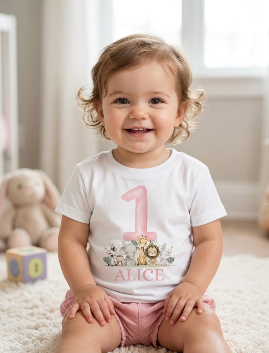 Girls Personalised Safari Birthday T-Shirt, 1st, 2nd and 3rd Name Toddler Birthday outfit