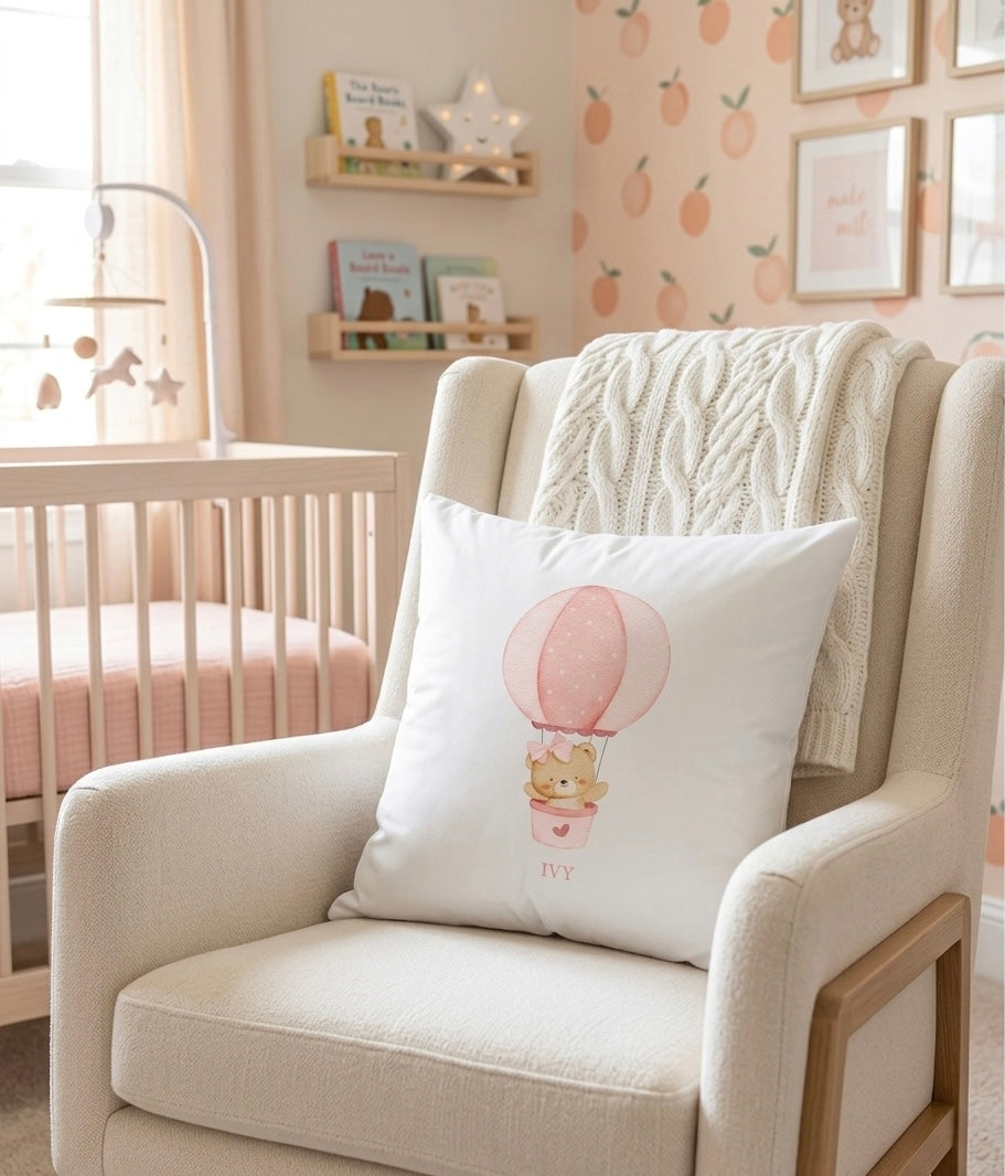 Personalised Girls Boys Name Hot Air balloon Bear Cushion, Nursery Decor pink girls Blue Boys