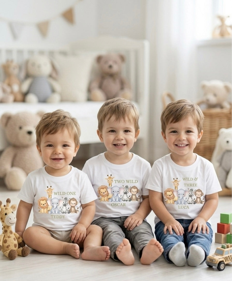 Personalised boys Safari Animal Birthday T-Shirt, Custom Birthday Party Outfit, One Two Three