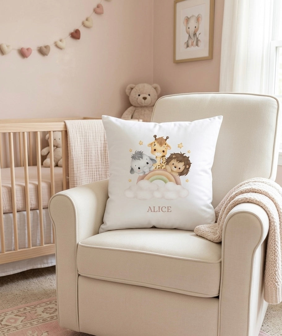 Personalised Name Safari Cushion, Nursery Bedroom Decor, Girls cushion