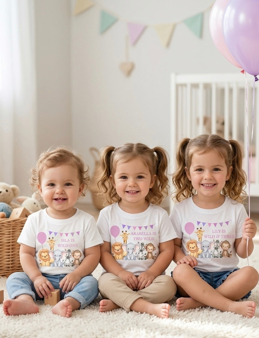 Personalised Girls Safari Animal Birthday T-Shirt, Custom Party Outfit, One Two Three