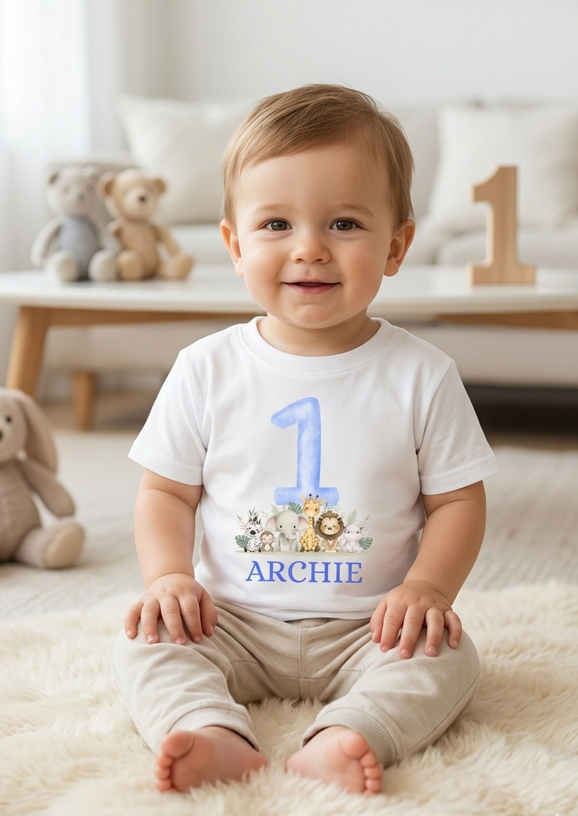 Personalised Boys 1st, 2nd, 3rd Safari Birthday T-Shirt, Custom Name Toddler Birthday Outfit