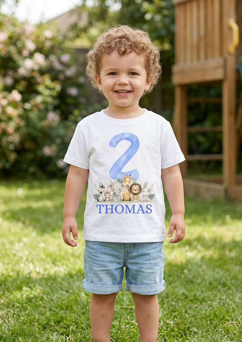 Personalised Boys 1st, 2nd, 3rd Safari Birthday T-Shirt, Custom Name Toddler Birthday Outfit