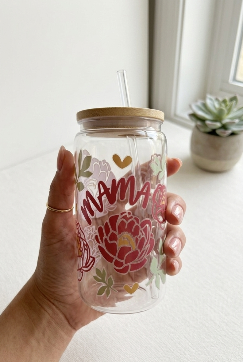 Mama Floral Plastic Cup with Bamboo Lid & Straw, Mother's Day Gift, Birthday Gift, Gifts for her