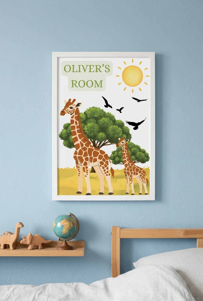 Personalised Boys Giraffe Name Print, Custom Aluminum Bedroom Name Wallart